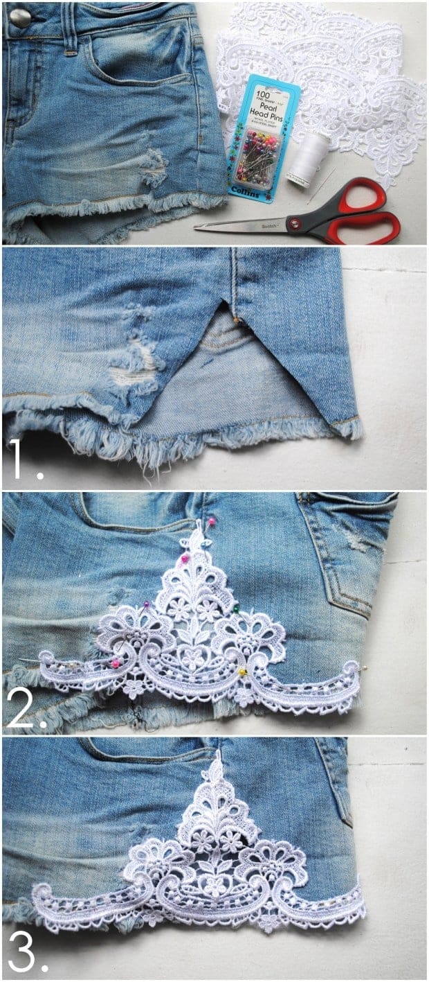 Make these DIY denim cut off shorts with lace