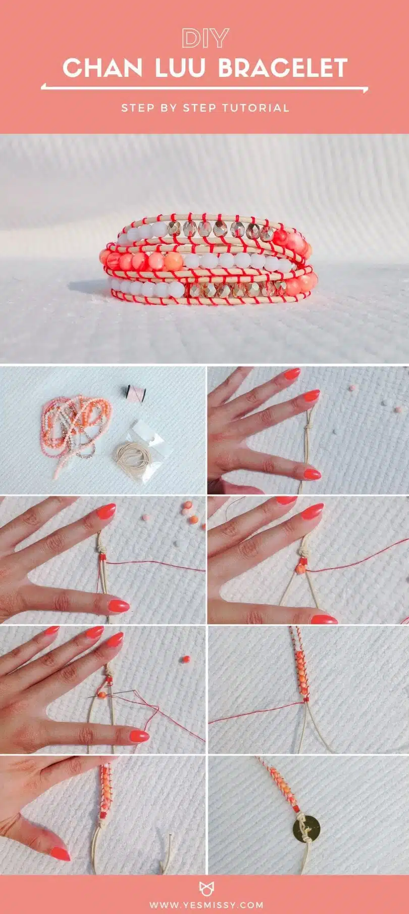 DIY Chan Luu bracelet tutorial with step-by-step instructions using leather cord, glass beads, and thread.. by YESMISSY