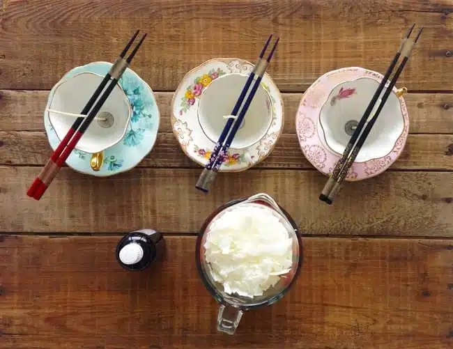 DIY Teacup Candle - setting up your tools and materials. The first step is to set up your wicks in your teacups. 