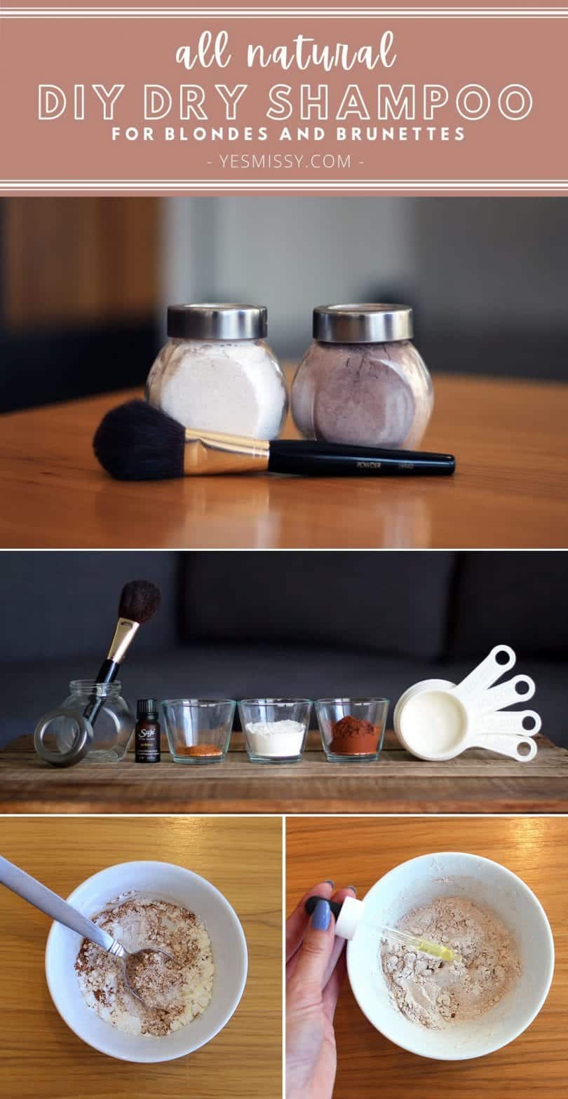 Make this all natural DIY dry shampoo. 2 forumlas for blondes and brunettes.