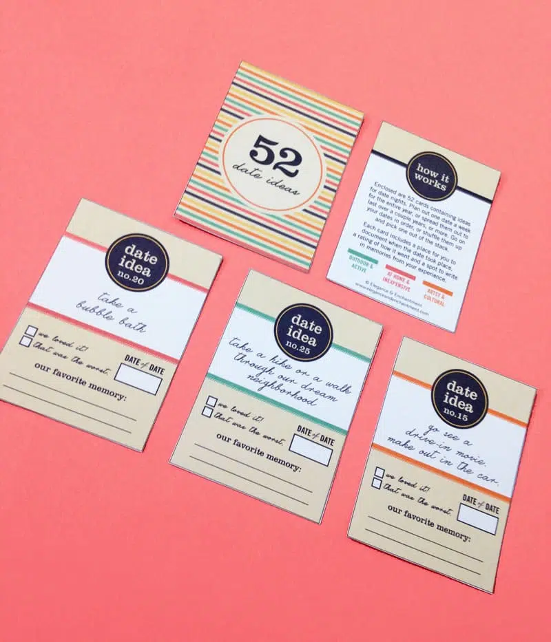 Need some ideas for your date nights? This FREE printable card deck has 52 fun date ideas you can do year round from staying in to getting adventurous and fun! 