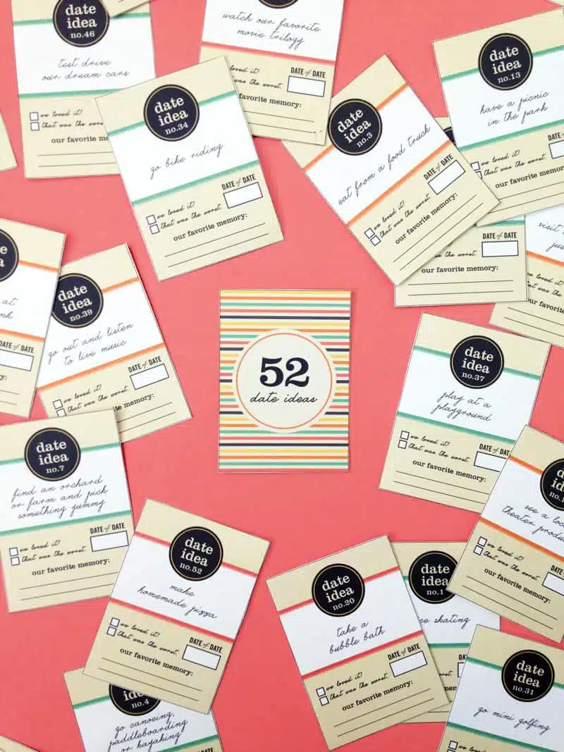 Date ideas card deck with 52 activities you can do at home, outdoors, or out on the town. FREE printable!