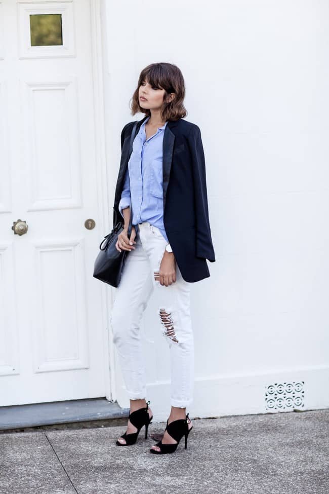 Destroy white denim with tuxedo blazer - Badlands