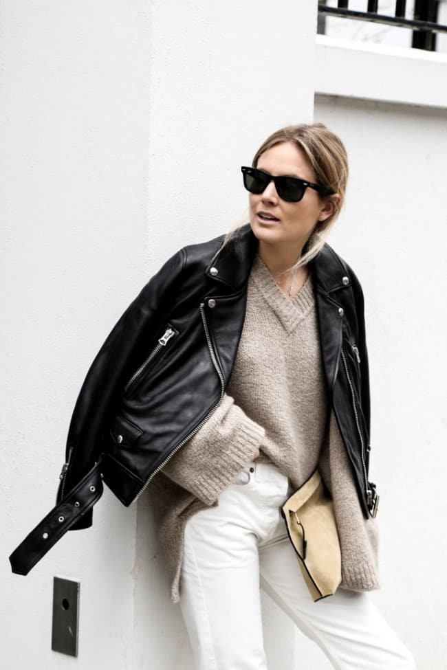Fall look with white jeans and leather jacket - Fashion Me Now