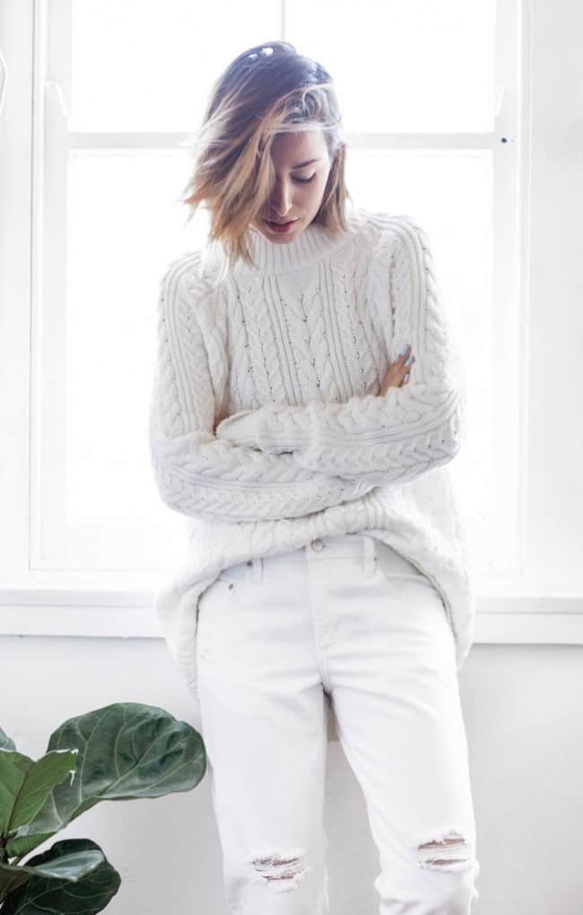 Ripped white jeans with chunky knit sweater - The Chronicles of Her