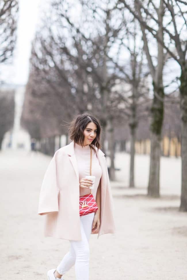 white jeans and pink coat - Five Five Fabulous