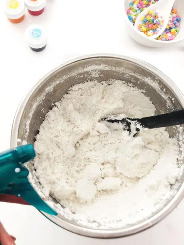 Step 2: spray with water while mixing dry ingredients