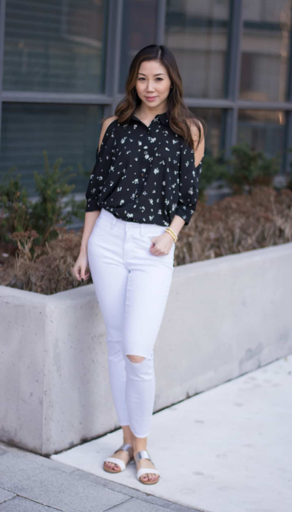 Fashion blogger streetstyle: Peek a boo shoulder blouse from LC Lauren Conrad