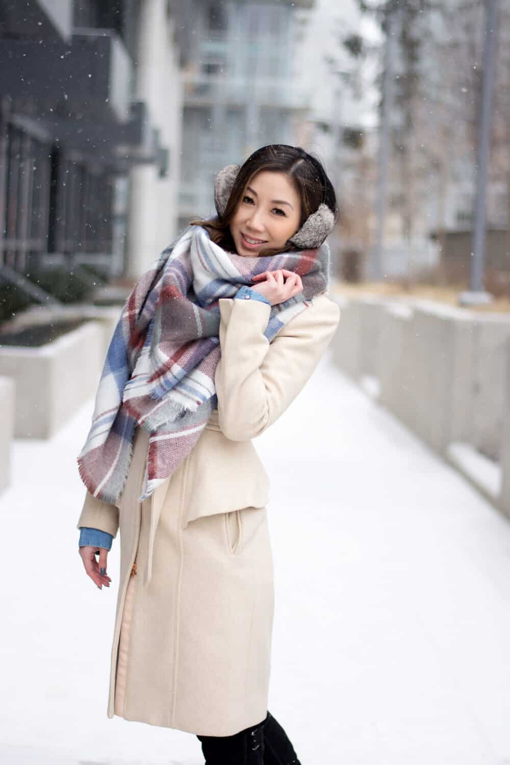 Snow day: long cool coat and soft plaid scarf. So cute! 
