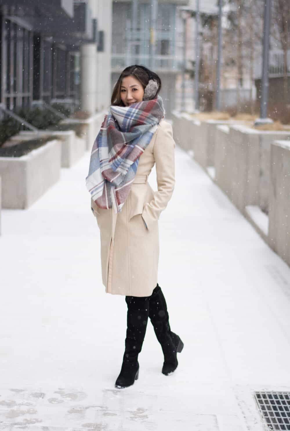 Cosy Winter look: zara scarf and hm wool coat, fur ear muffs.