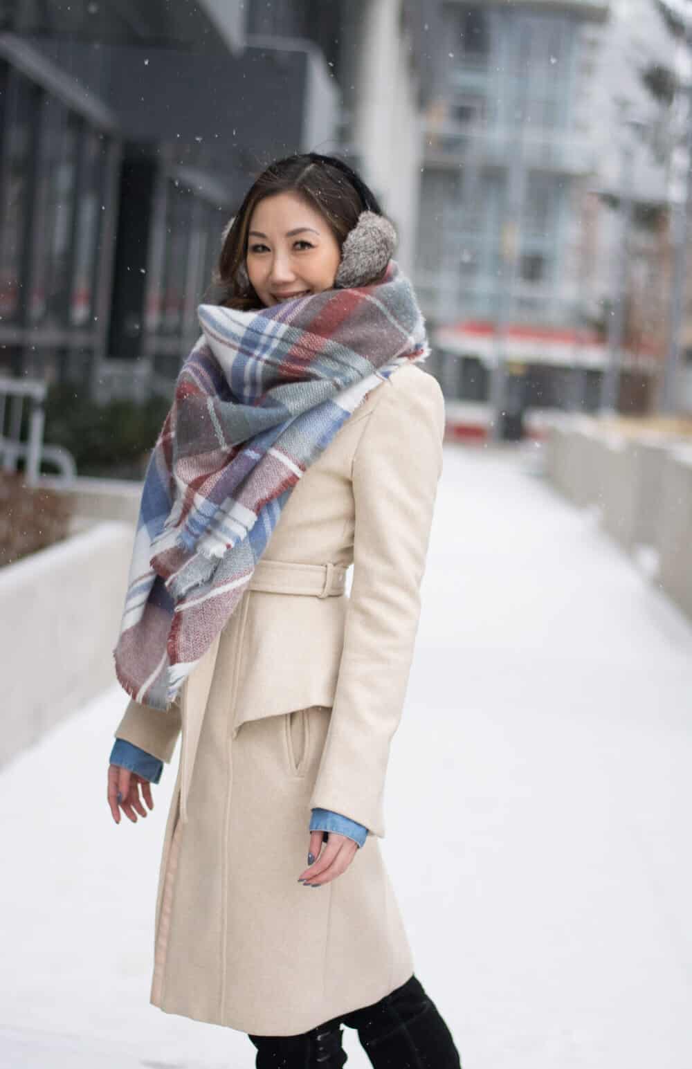 Easy Winter OOTD look: plaid scarf and long wool coat, fur ear muffs