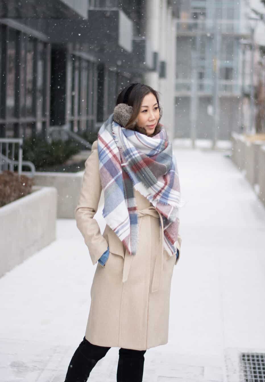 Cute Winter OOTD streetstyle look: plaid scarf and beige wool coat