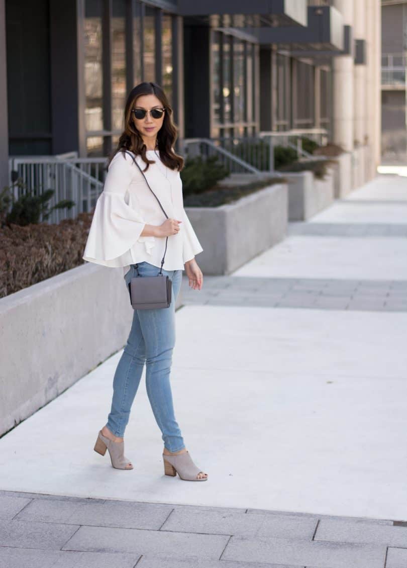 Summer look: Levis Mile High Jeans, bell-sleeve top, and Kendall + Kylie bag
