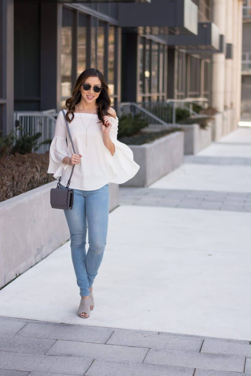 Summer Street Style: Levis Mile High Jeans, bell-sleeve top, and Kendall + Kylie bag