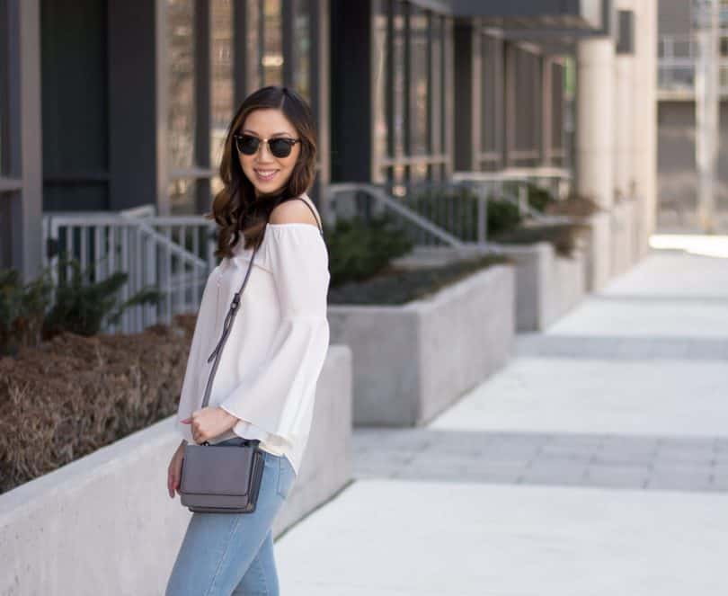 Summer Street Style: Levis Mile High Jeans, bell-sleeve top, and Kendall + Kylie bag