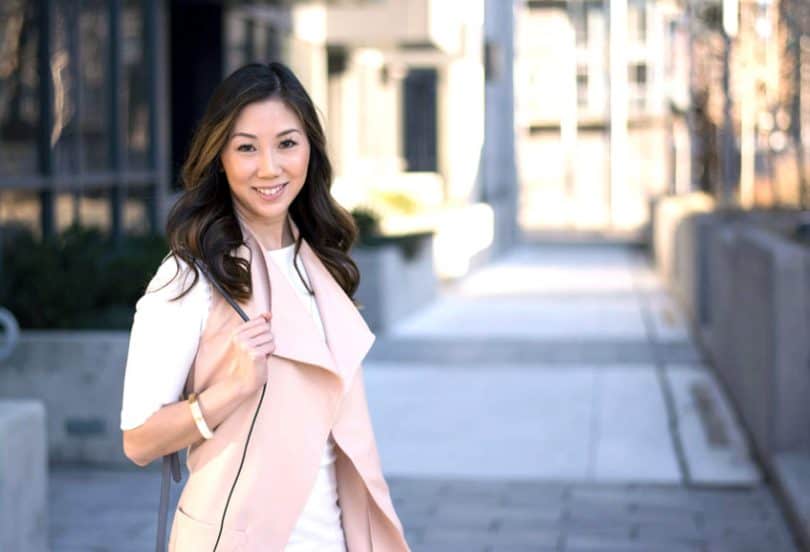 Fashion blogger style - Spring look with white dress and pink vest.