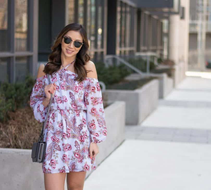 Summer Style: floral cold-shoulder dress with grey mules, and Kendall + Kylie bag