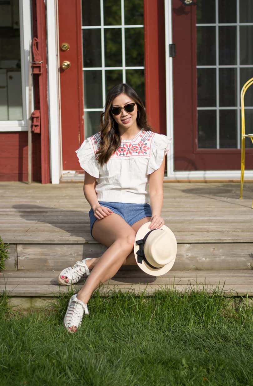 Cute casual cottage look with peasant blouse, terry cloth shorts and lace up espadrilles