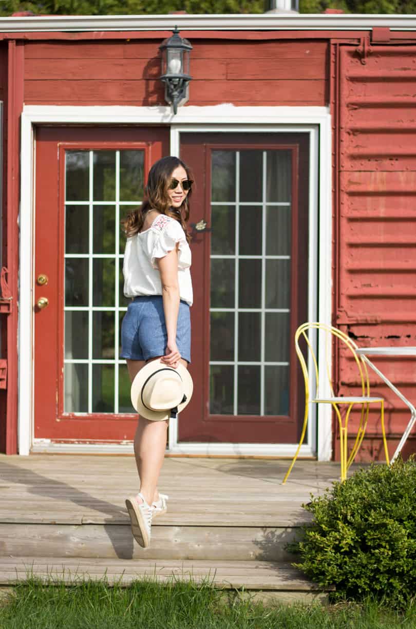 Cute casual summer look with peasant blouse and terry cloth shorts