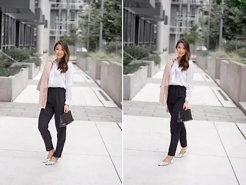 Boss babe style: silk shirt and trousers with pink moto jacket