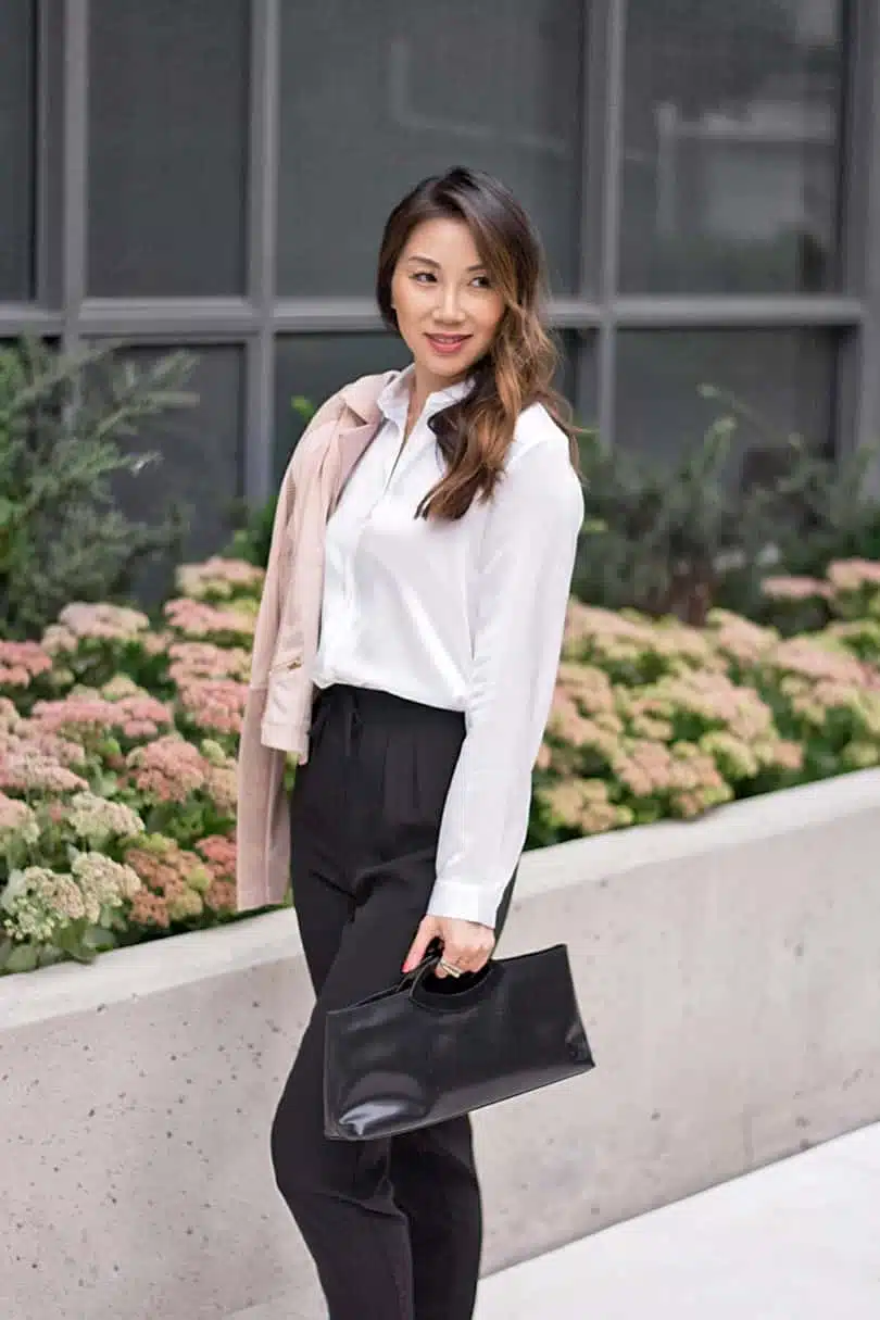 Toronto street style: Silk blouse and trousers from Lilysilk