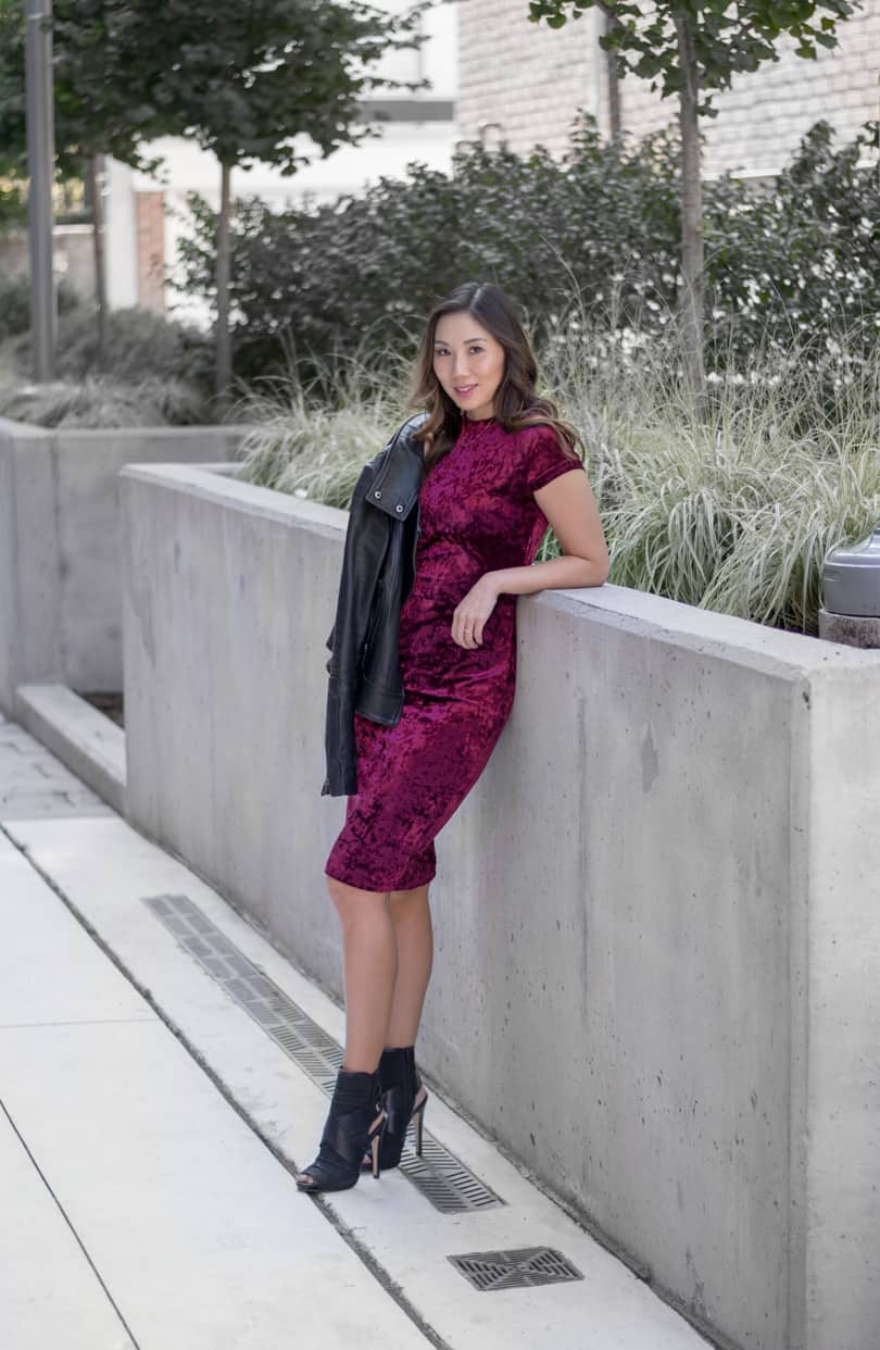 Fall style: velvet dress, leather jacket and ankle boots