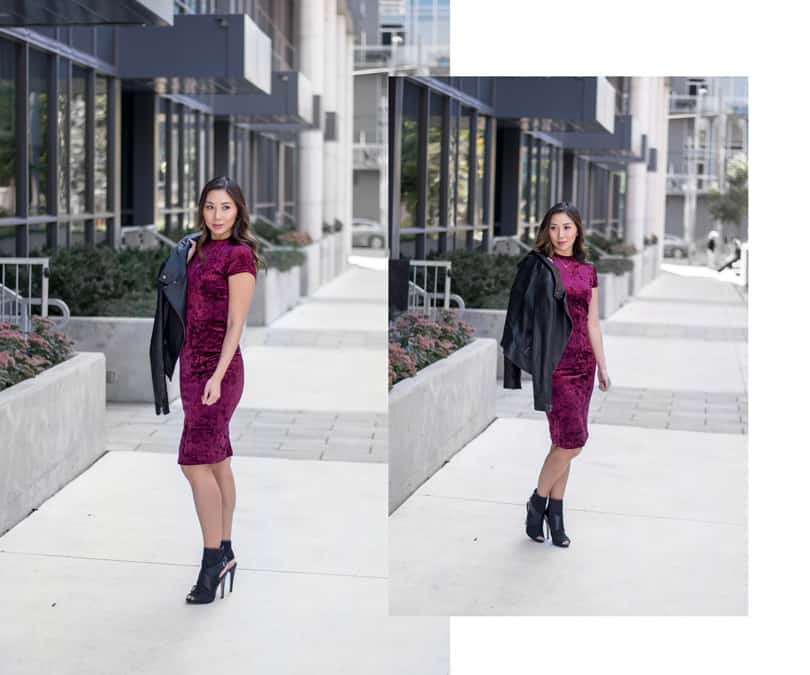 Street Style: Red velvet dress, Mackage leather jacket and black ankle boots 