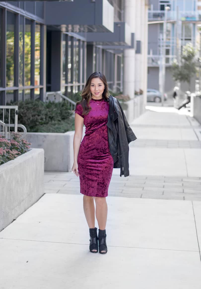 Velvet body con dress, black peep-toe ankle goos, Mackage leather jacket