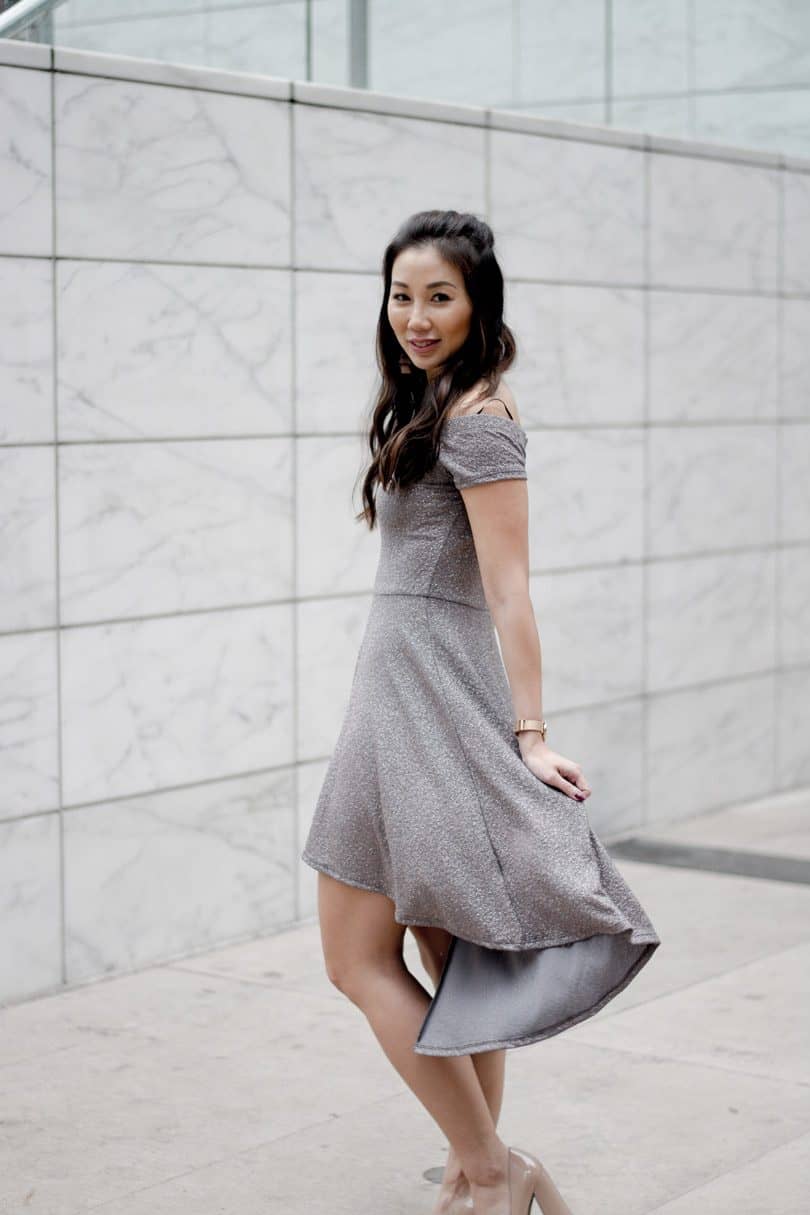 Holiday Party Dress: silver OTS dress with high low skirt, Toronto Streetstyle -High Quality Luxury Shopping