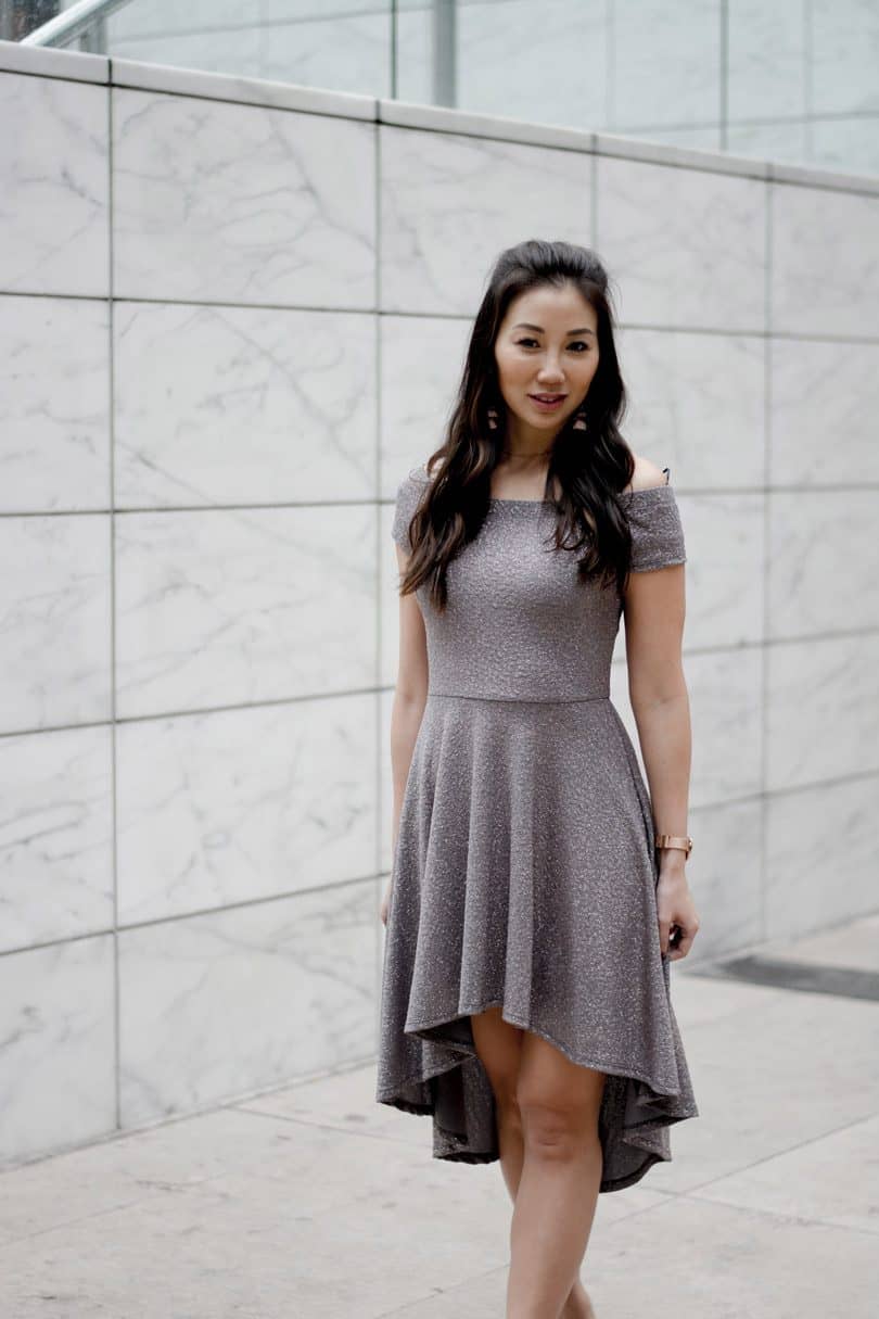 Silver party dress with OTS and highlow skirt.