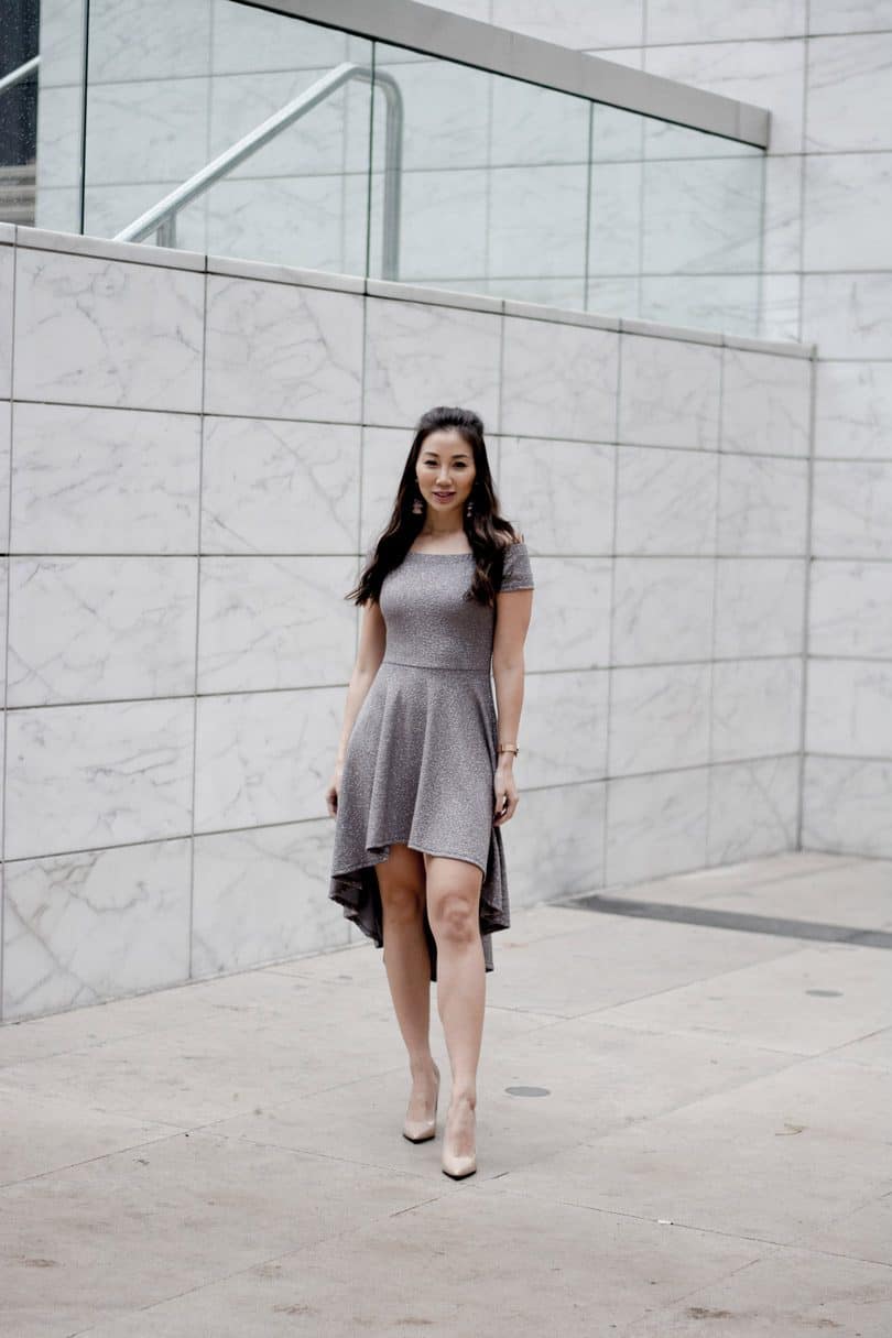 Holiday Party Dress: silver OTS dress with high low skirt, Toronto Streetstyle -High Quality Luxury Shopping