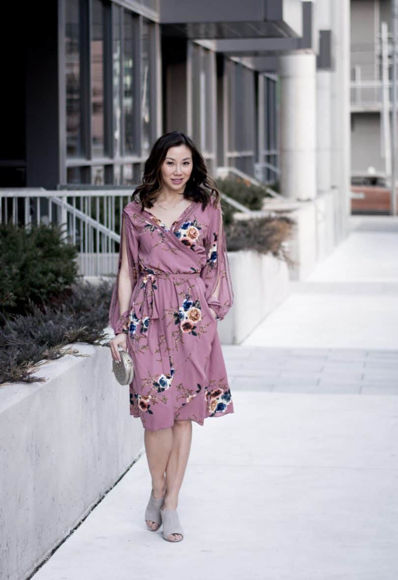 Spring street style: pink floral dress, grey mules, silver clutch #ootd