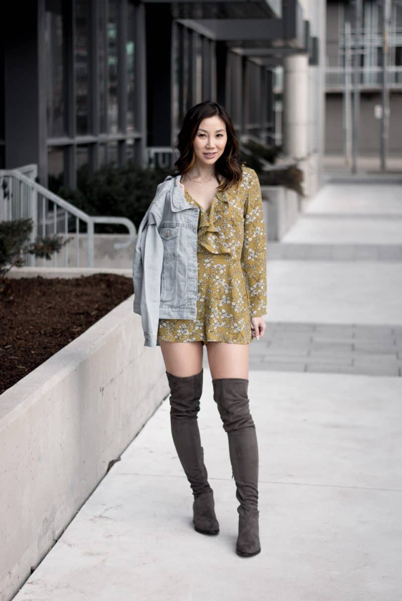 Summer/Spring Streetstyle: OTK boots, yellow floral romper, light blue denim jacket