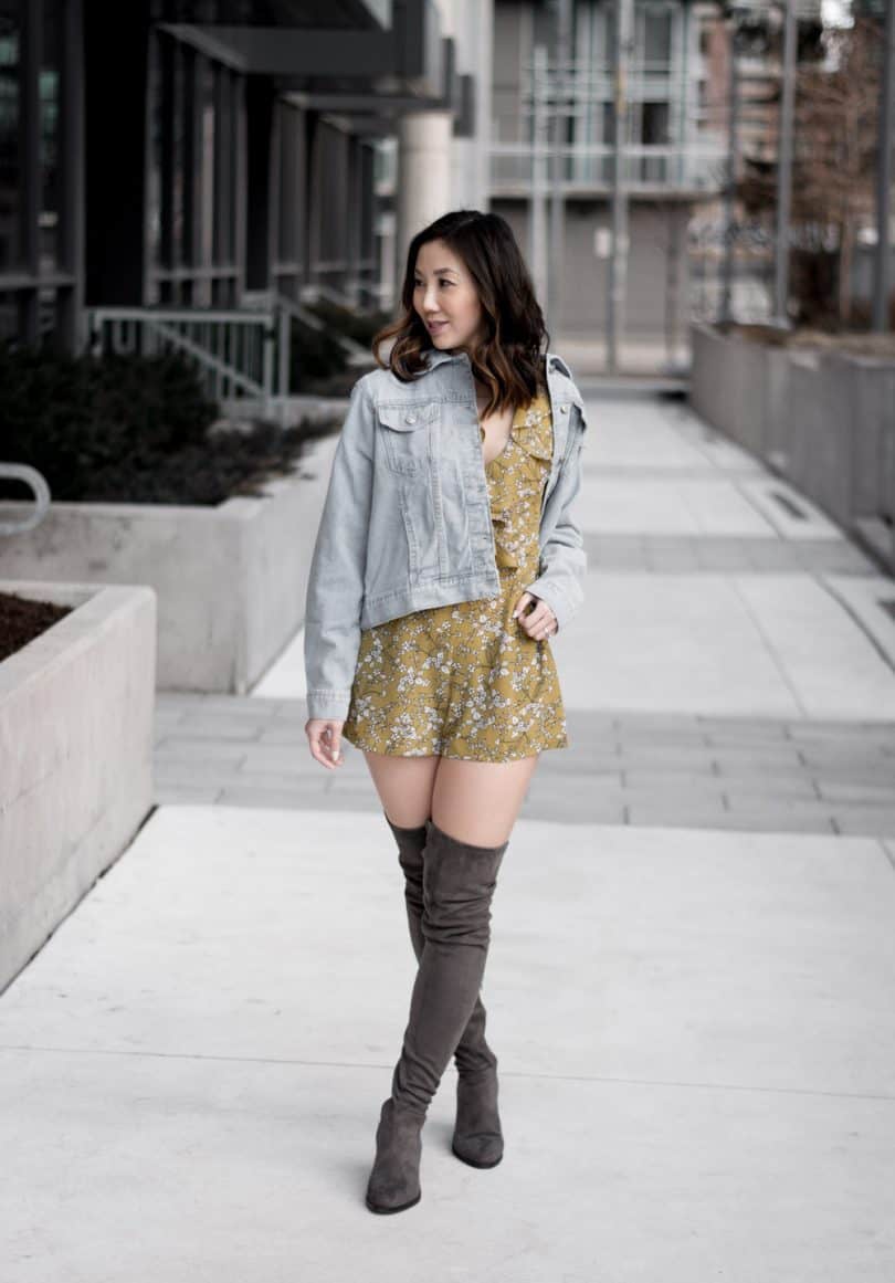 Spring Style from Boohoo: Floral yellow romper, denim jacket and OTK grey boots