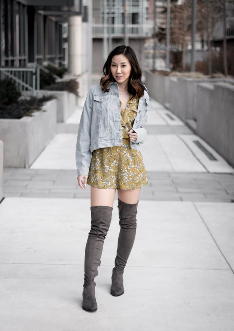 Spring/Summer Style: Spring Style from Boohoo: Floral yellow romper, denim jacket and OTK grey boots #fashionblogger #streetstyle #Toronto