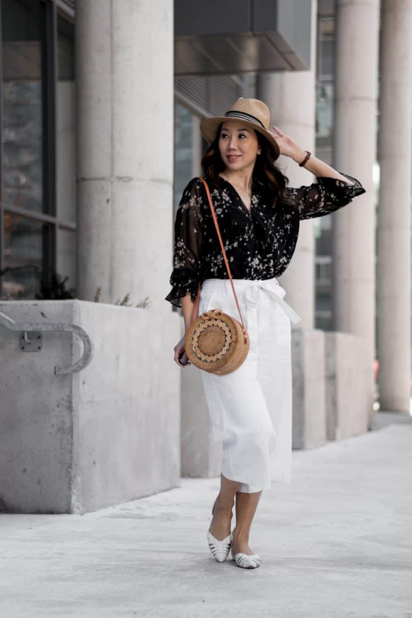Spring look with white culottes and blouse from Alison Sheri with Bali round wicker bag