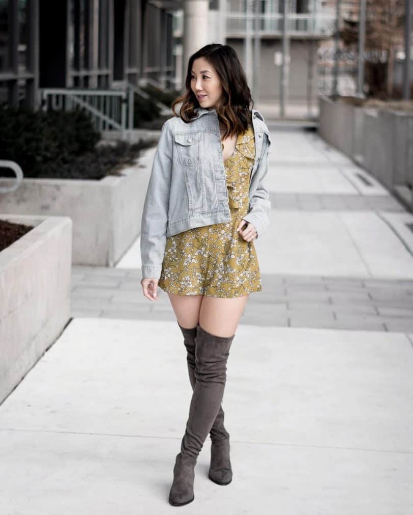Spring #OOTD with yellow floral romper and denim jacket from BooHoo.. more at yesmissy.com