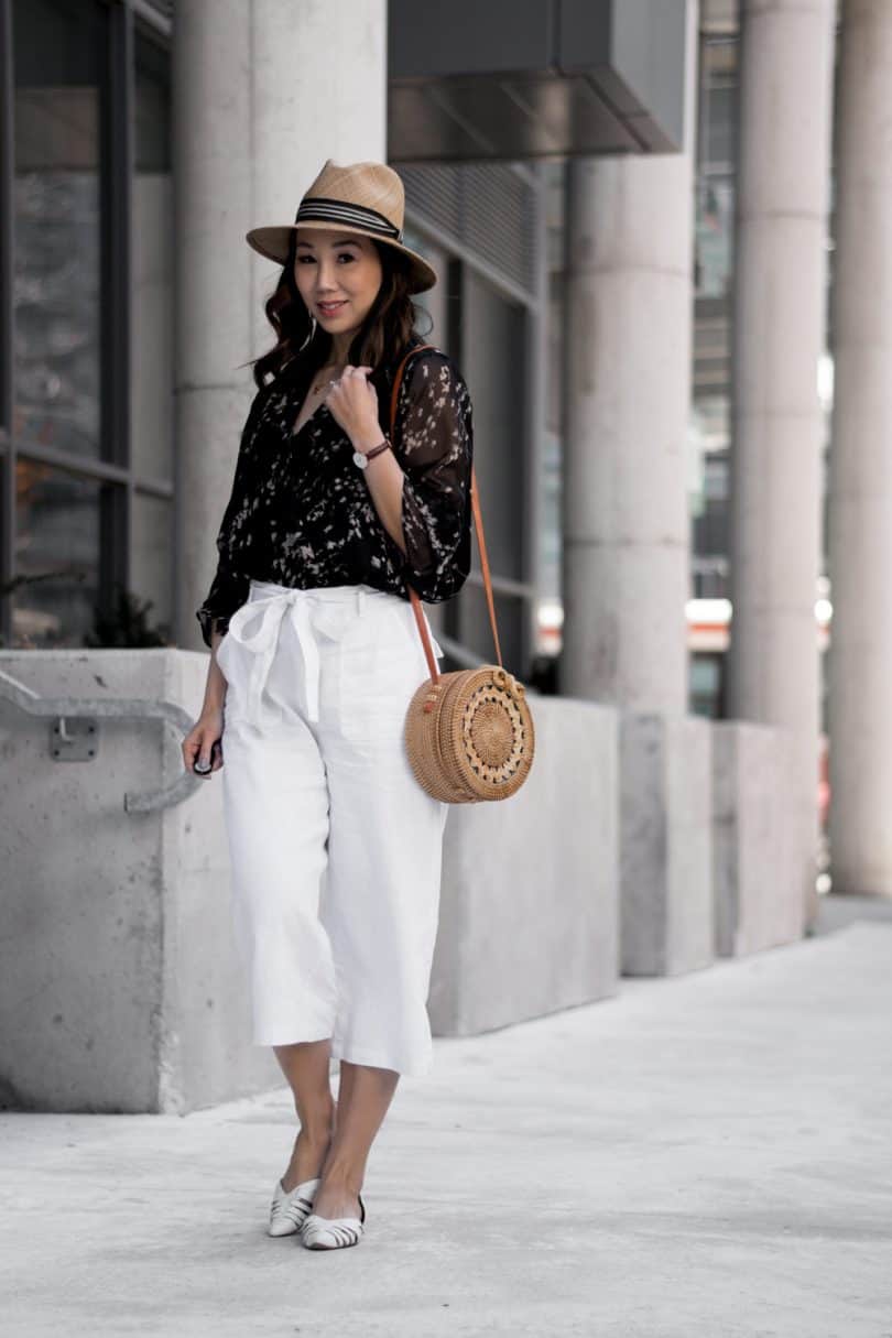 Summer #LOTD: White culottes, print blouse from Alison Sheri, Bali basket bag, Vince Camuto flats