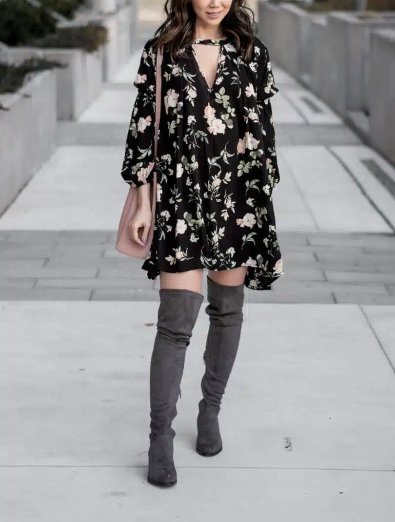 OOTD Look: Floral dress, Grey OTK boots, Pink bucket bag