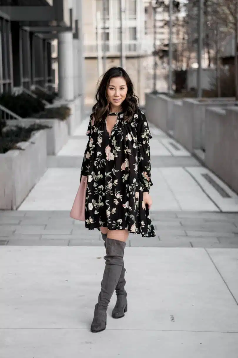 Toronto Streetstyle Look: Floral shift dress from Romwe, OTK boots from Steve Madden, Katie Loxton Bag