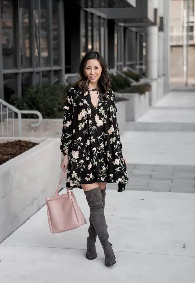Spring #OOTD: Black lantern floral shift dress from Romwe, Steve Madden OTK books, and Kate Loxton Bucket Bag