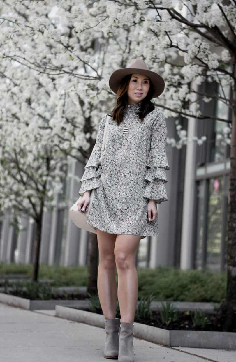 #Spring #OOTD: layered sleeve daisy print floral dress, suede ankle boots and brown hat