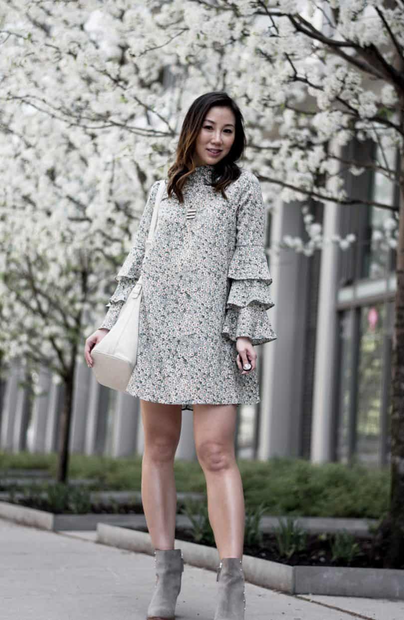 Green floral dress with grey ankle boots