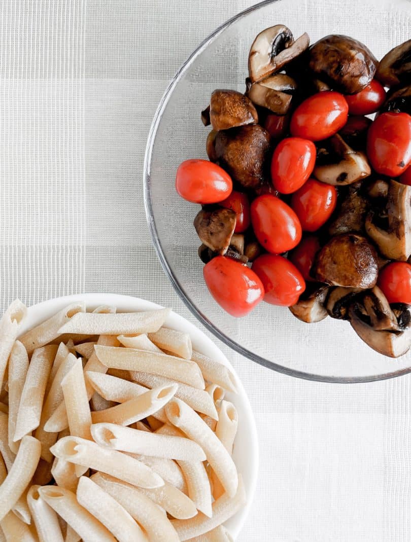 Preparing the fresh ingredients for your cremini mushroom and parmesan penne pasta