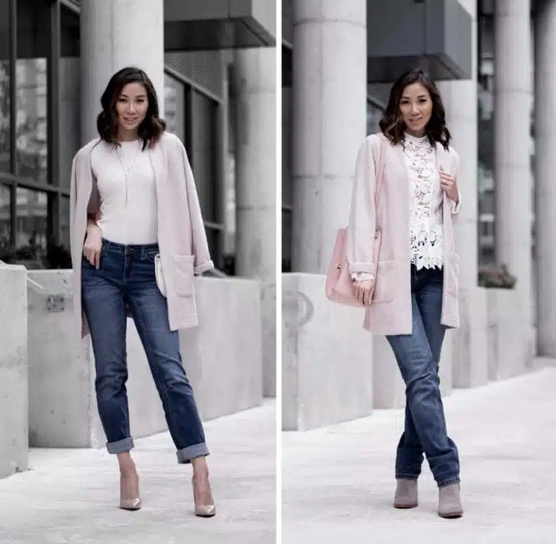Fashion staples: classic straight leg denim and pink sweater. Styled 2 different ways