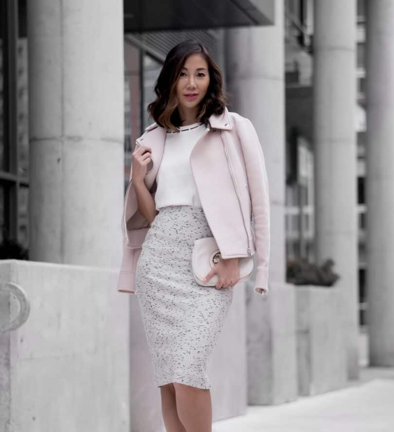 Workwear Style: pink moto jacket, pencil skirt and white blouse from Ann Taylor