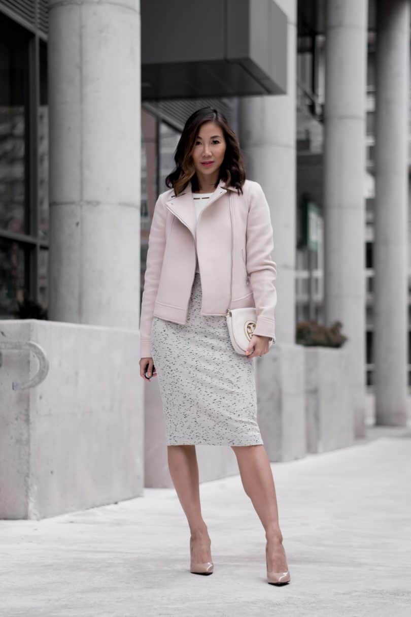 Office Look: #ootd with Ann Taylor pencil skirt, white blouse, pink moto jacket and nude pumps