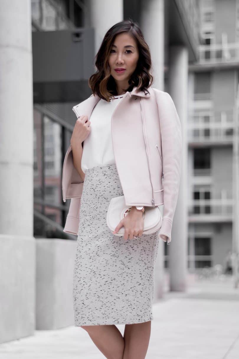 #OOTD details - Pink moto jacket and pencil skirt with Tory Burch clutch