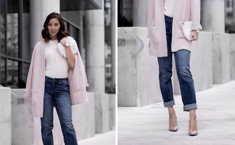 Casual fall look with rolled up straight leg denim, pink cardigan sweater and nude pumps