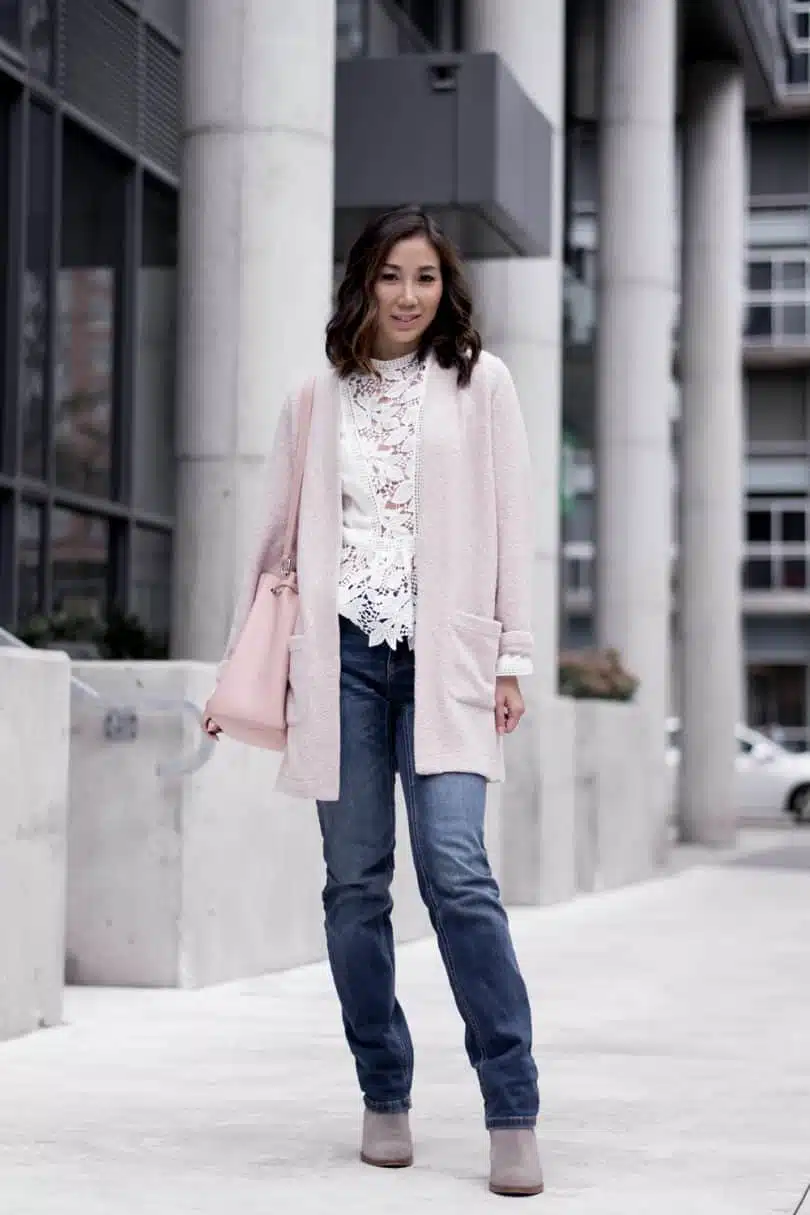 Easy brunch look for the weekend. Straight leg denim, boots, lace top, pink cardigan